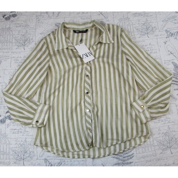 NEW Zara Flowy Striped Long Sleeve Gold Buttons Shirt Ecru/Green womens Size XS - Picture 5 of 8